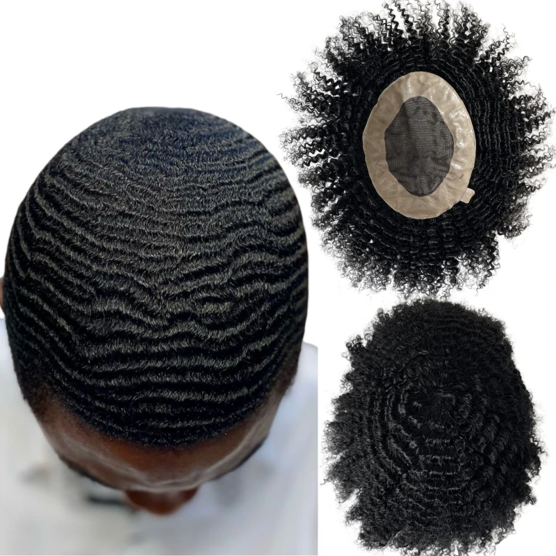 Mongolian Virgin Human Hair Hairpieces #1 Jet Black 6mm Wave Toupee 8x10 Mono Lace Unit for Black Men