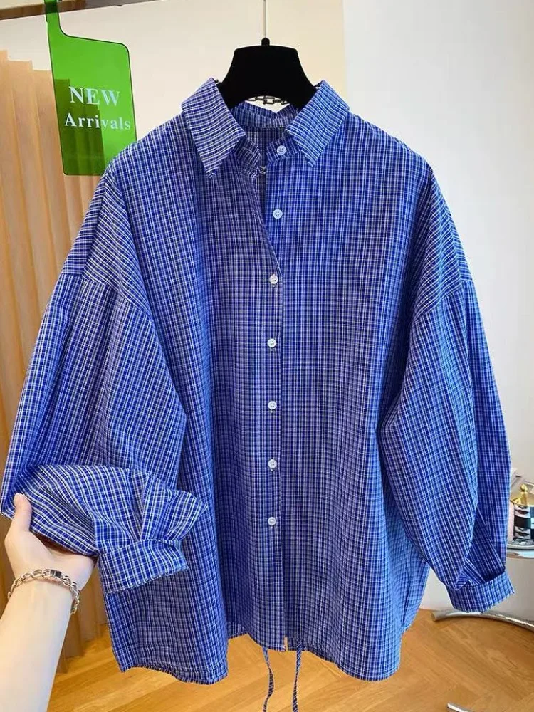 

Loose Fit Blue Plaid Long Sve Women's irt Korean Sle Lazy Faion Design Ba Split Casual Breathable Skin-Friendly