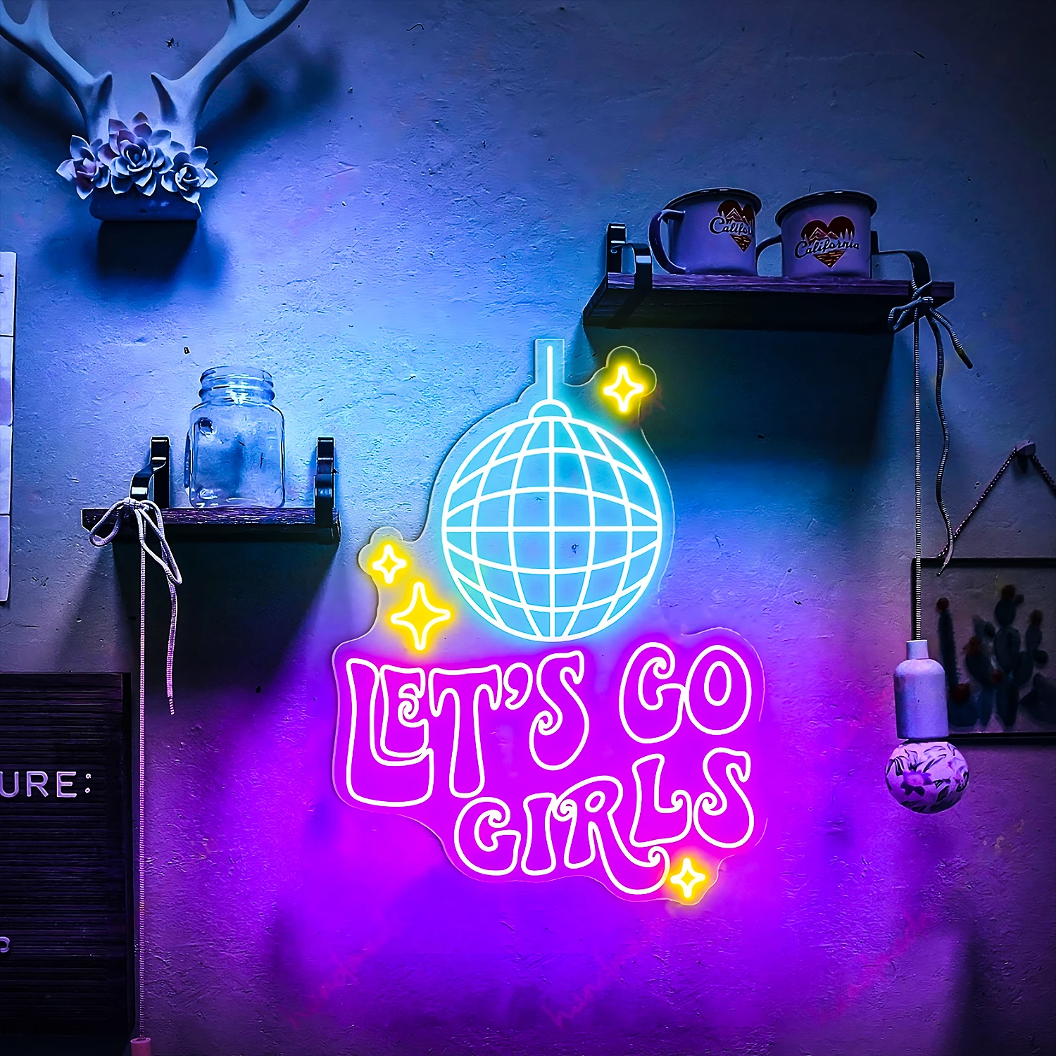 Let's Go Girls Neon Sign LED Disco Ball, Decoração do Quarto Rosa, Bachelorette Party Gift para Noiva