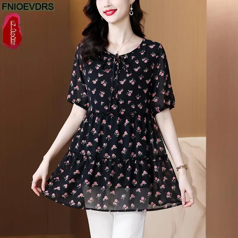 L-5XL Loose Clothes 2024 Summer Retro Ruffles Tops Short Sleeve Women Tunic Flower Floral Print Red Blue Peplum Shirts Blouses