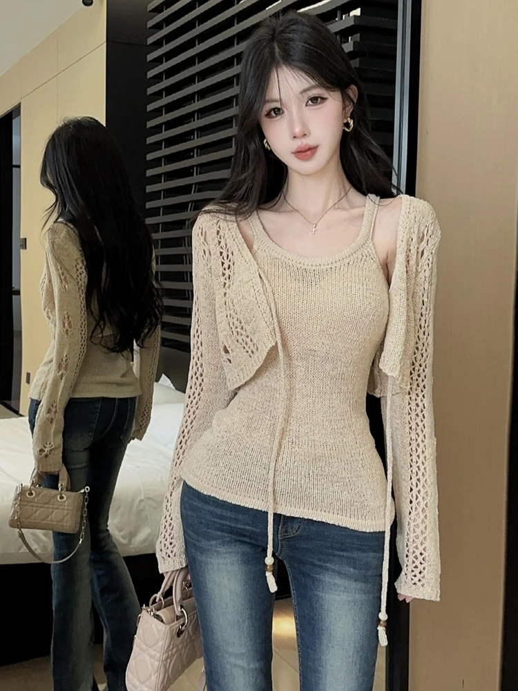 Sexy Slim Fit Knitted Short Open Cardigan Hollow out Base Layer Top Two Piece Set for Women Casual Wear Autumn Spring Season