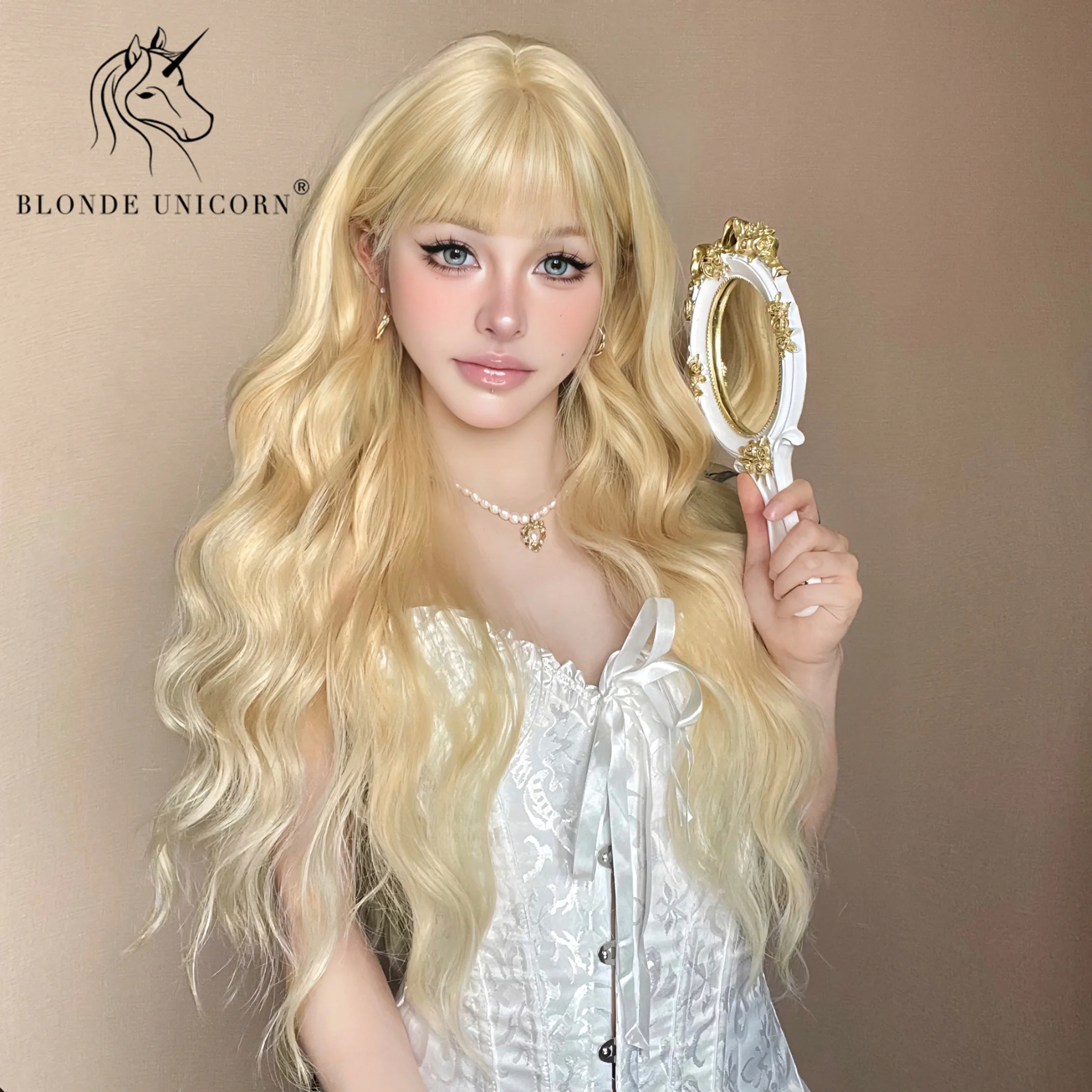 Peruca sintética longa loira unicórnio com Franja para mulheres, cabelo resistente ao calor, cosplay de festa diária