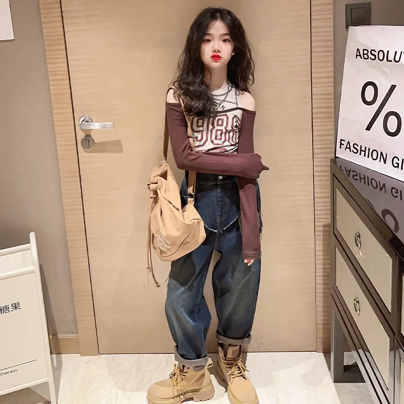 Girls Suits Spring Korean Set 2024 New Girls Fashionable Jeans Simple Casual Top and Trousers Korean Simple Style Two-piece Set image 4
