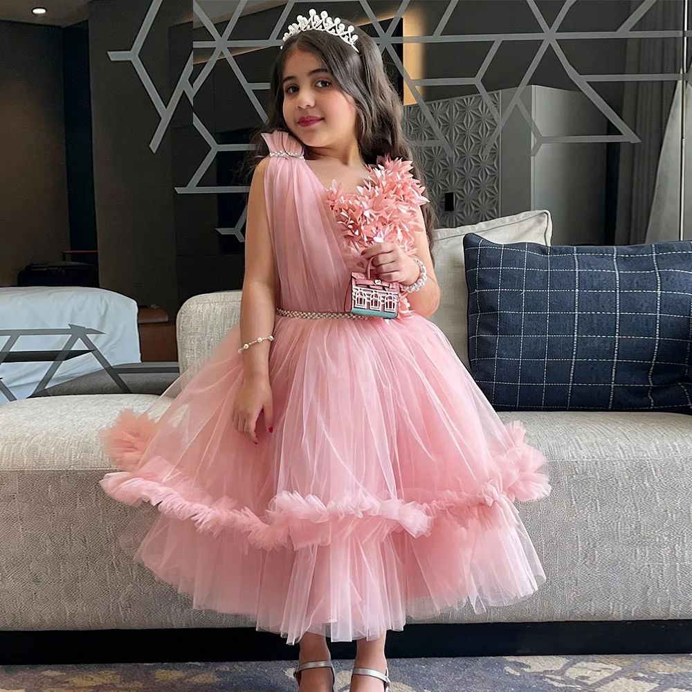 

Pink Flower Girl Dresses Tulle Dress For Girls Long Birthday Dress A-line Cake Girl Princess Dress Belt Cute Kids' Dresses