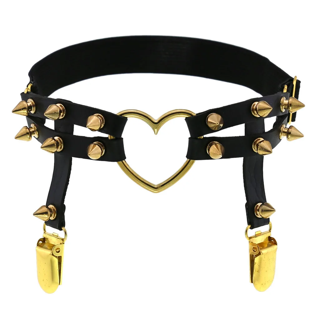 Harajuku Punk Fashion Hip hop Individuality Street dance Golden Love-heart shape Cortex Handwork Rivet Leg ring Anklet Garters