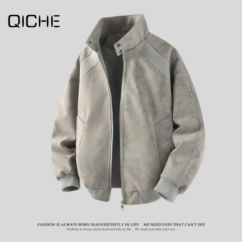 QICHE Men Jacket 2026 New American Faux Leather Outerwear, Men Stand Collar Tie Dye Flight Cool Streetwear Casual Coat