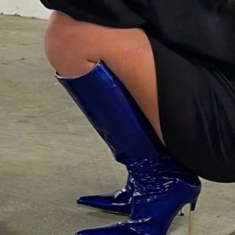 

Blue Metal Heels Knee High Boots Pointed Toe Shoes for Women Stilettos High Heels Patent Leather Shoes 2024 Zapatos Para Mujere