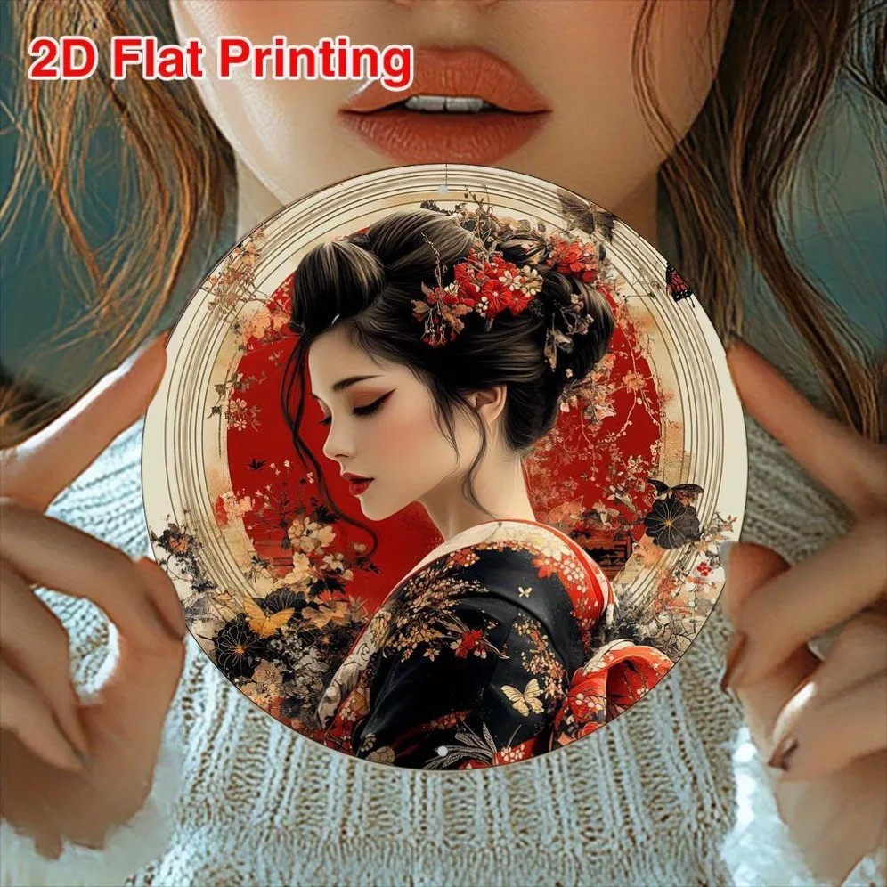 2D Vintage Metal Round Sign Geisha Japanese Style Wall Decor for Living Room Office Garden Kitchen Home