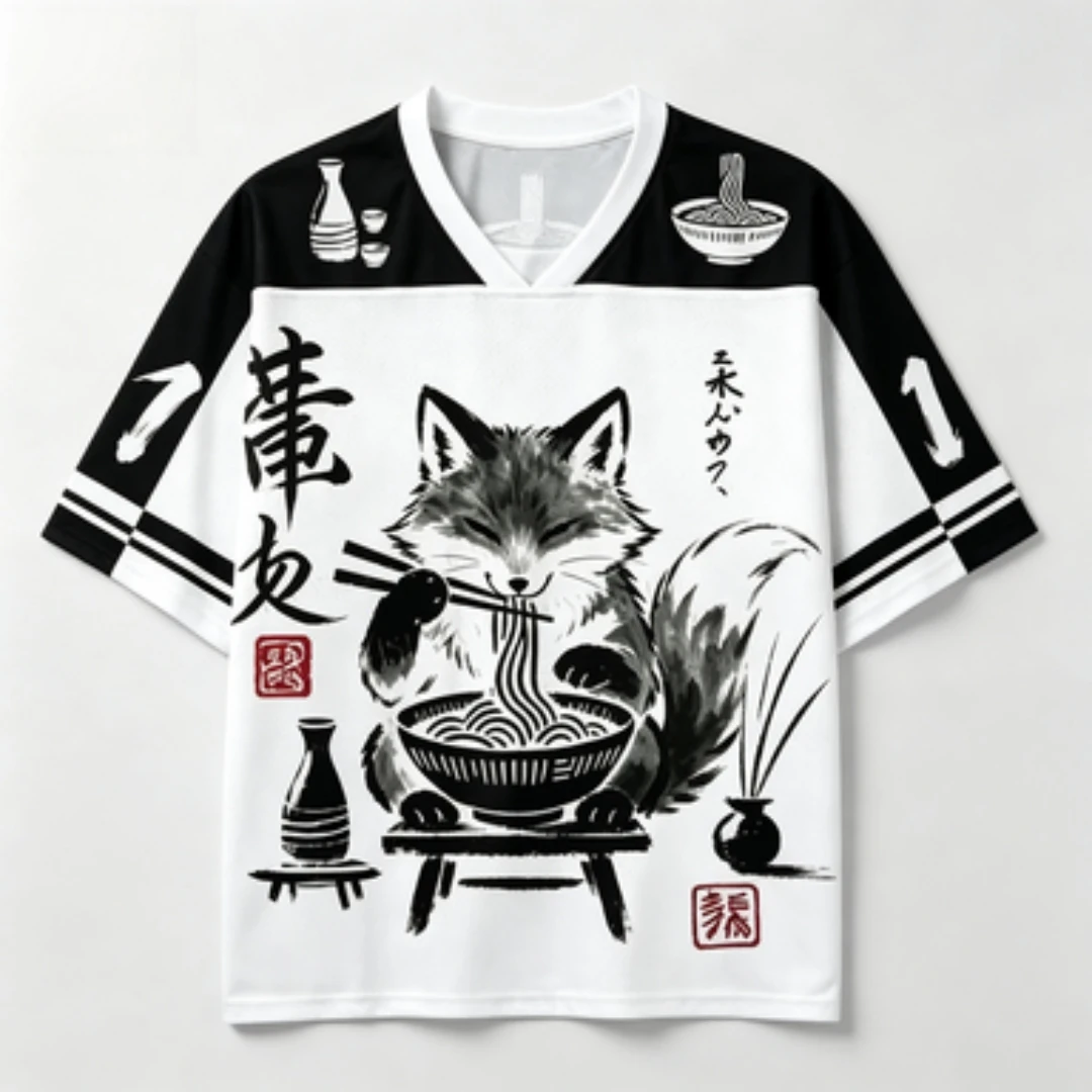 3D Printed Mesh T-shirt Japanese Ink Fox Lamian Noodles V-neck Short Sleeve Black and White Contrast Retro Street Style
