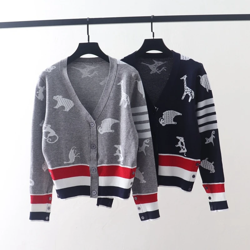 

Autumn/Winter New TB British Animal Jacquard Pattern V-neck Knitted Cardigan Casual Overlay Sweater Coat