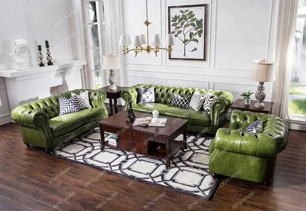X-S Hot sales Retro Sofa Oil Wax Leather Green New Arrival Sofa Combination Large Relax Reclinable  Home Fu