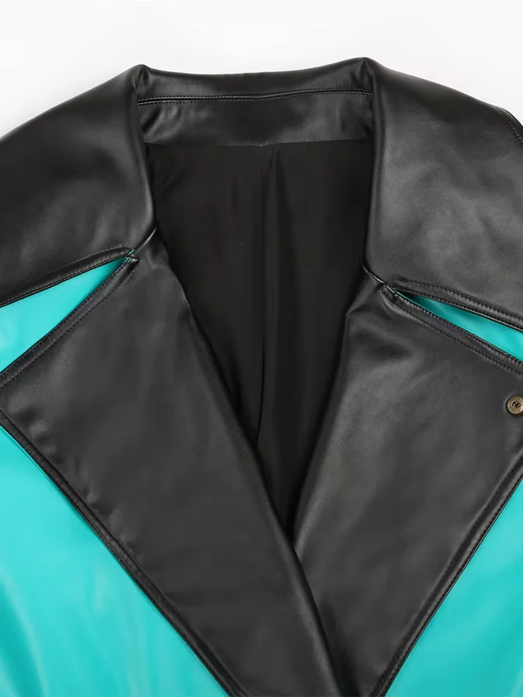 Mauroicardi Spring Autumn Long Waterproof Patchwork Pu Leather Trench Coat for Women Belt Luxury Designer Emo Clothes Overcoat