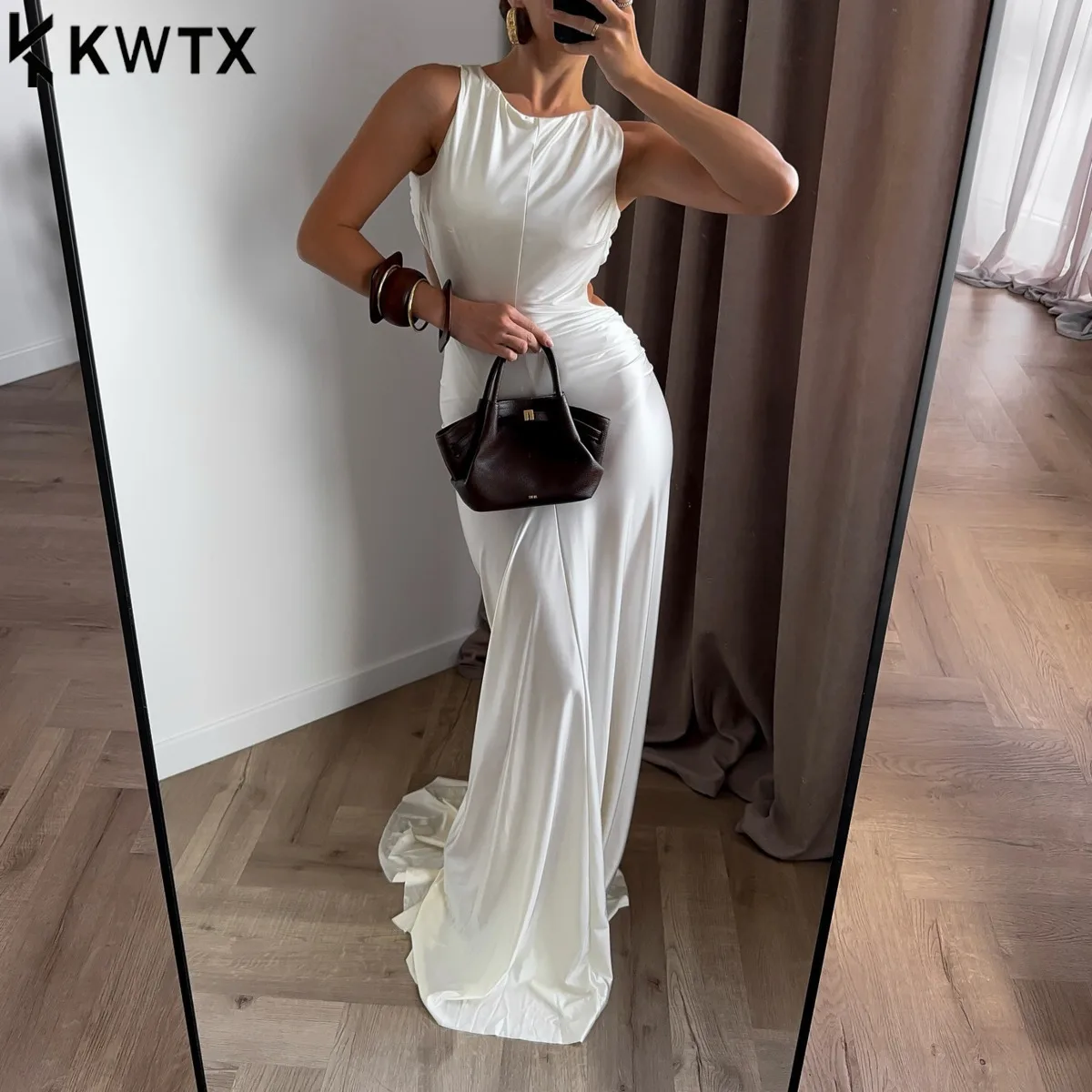 KWTX Elegant Satin Pleated Cut Out Bodycon Long Evening Gown Sexy Chic Manor Party Dress Simple Designer Spring Summer 2026
