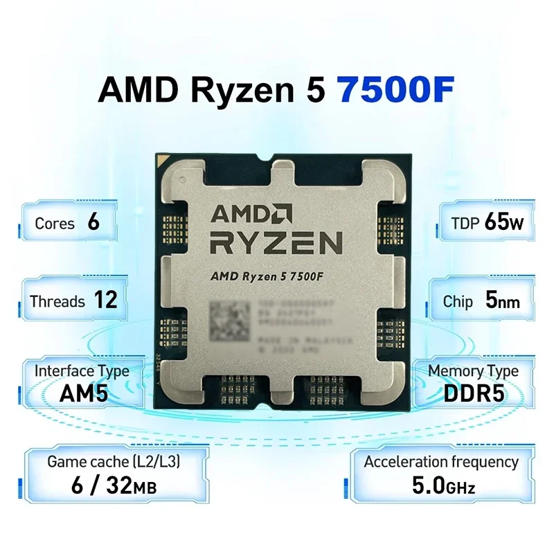 AMD Ryzen 5 7500F 3.7GHz 6-Core 12-Thread L3=32M Processor 65W R5 7500F Socket AM5 5NM DDR5 New Gaming CPU for PC Gamer