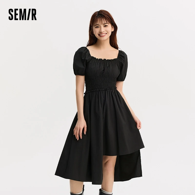 Semir Women Bubble Sleeve Waist Dress Solid Colour French Square Neck Wood Earring Irregular Dress