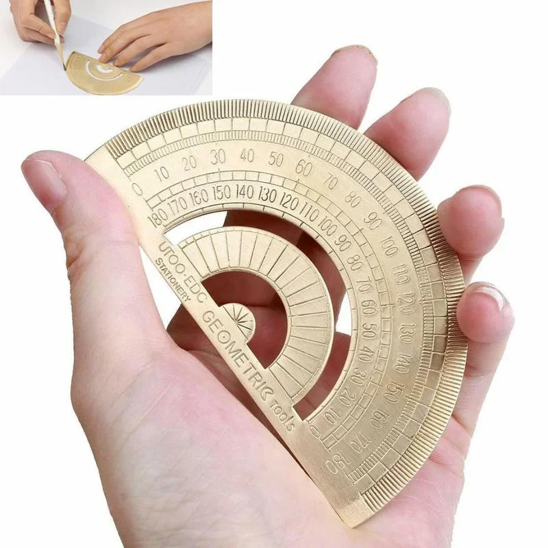 Copper Straight Ruler Brass Triangular Ruler Golden Retro Semicircle Protractor Drawing Wave Ruler Student