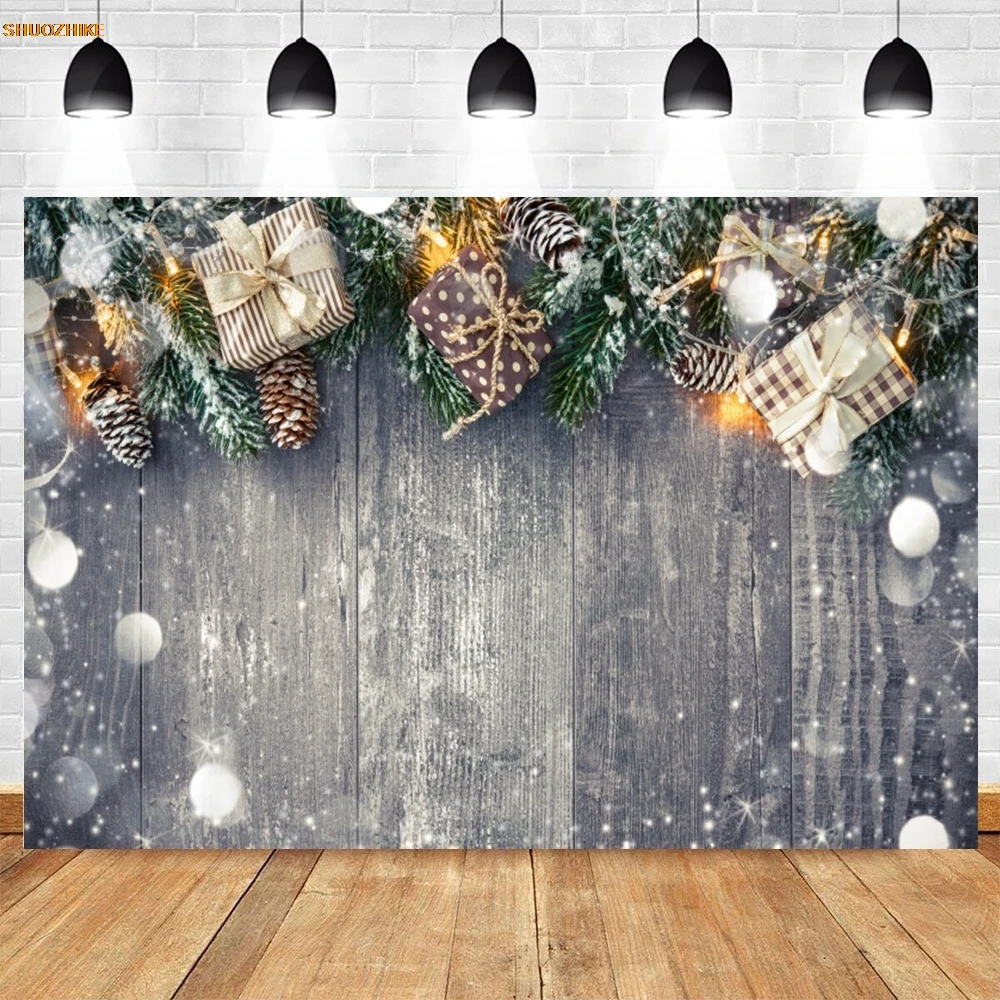 Christmas Decor Backdrop Photography Red Pearls Wooden Winter Snow Xmas Trees New Year Party Banner Background Photo Studio Prop