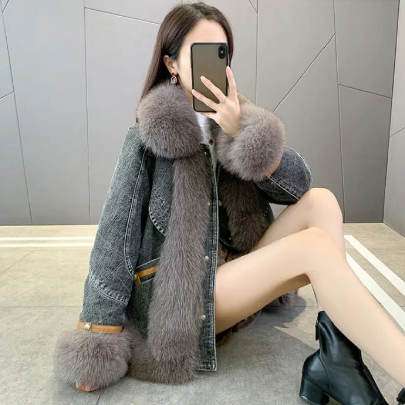 Fried Street Jeans Jackets Women Overcoat 2023 New Winter New Middle Long Thick Warm Jeans Goose Down Jacket Fox Fur Collar Coat