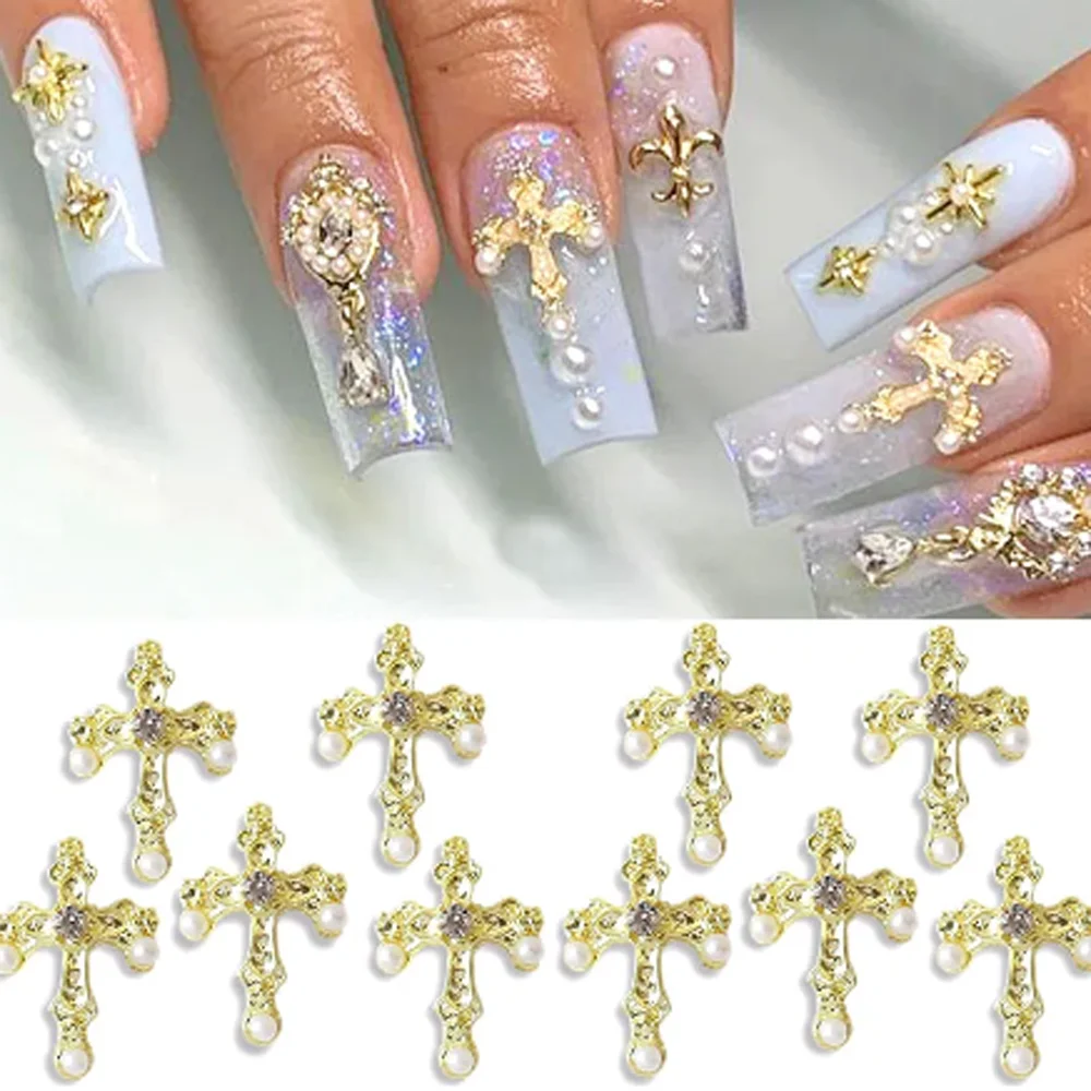 10pcs Pearl Cross Nail Art Charms 3D Alloy Retro Punk Glitter Diamond Cross Nail Art Decorations Cute DIY Nail Rhinestones