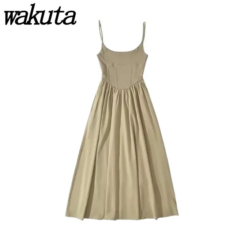 WAKUTA French Sleeveless Halter Pleated Dress Classic Design Sense Splicing Slim Fishbone Outer Long Vestidos Party Evening Gown