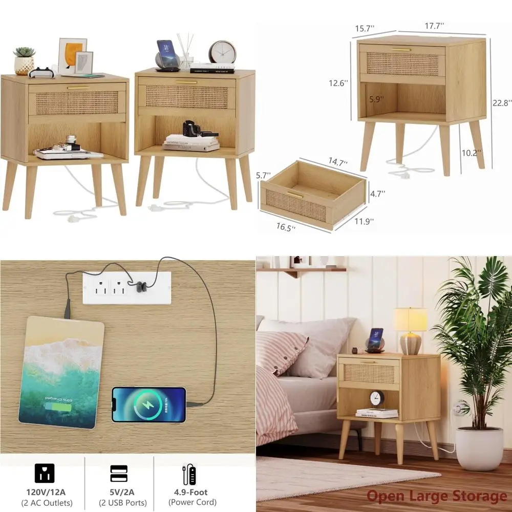 Pair of 17.7 Inch Irontar Nightstands for Bedroom, Featuring Charging Station and Rattan Drawers, Bohemian Style Bedside Tables