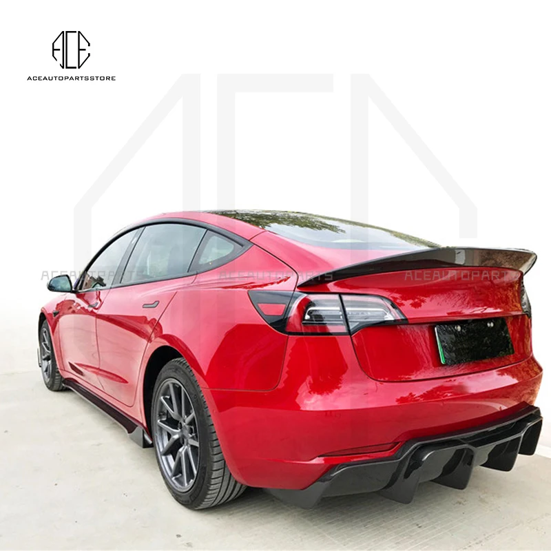 For Tesla Model 3 Fins V Style Rear Bumper Diffuser Lip  Back Bumper Guard Glossy Black Splitter Auto Body Kit Real Carbon