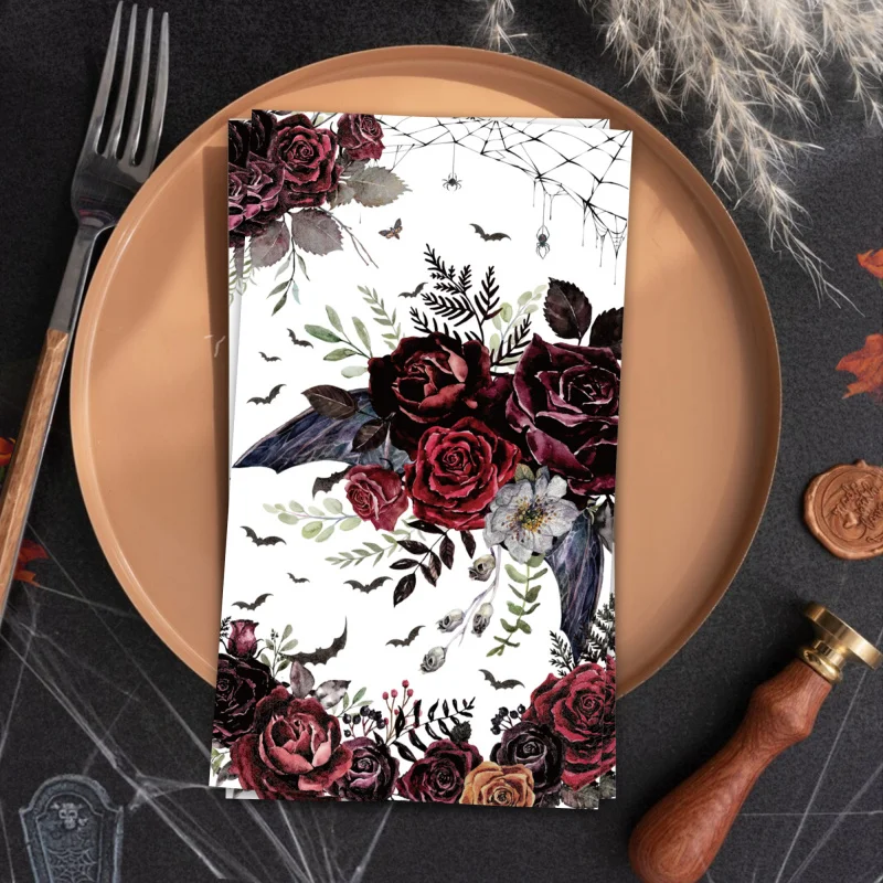 20pcs Halloween Theme Vintage Flower Rose Bat Long Napkins Disposable Paper Napkins for Halloween Party Home Dinner Decorations