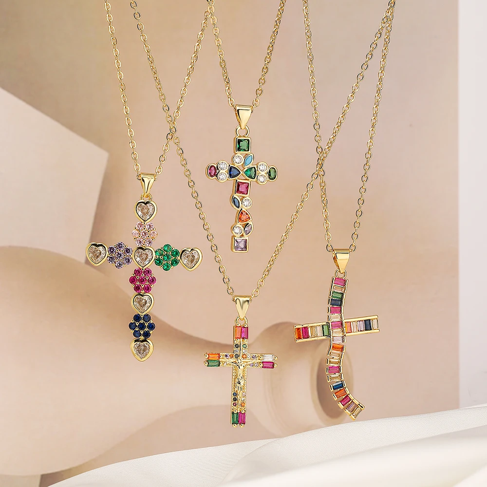 NEWBUY High Quality Gold Color Cross Pendant AAA CZ Zircon Pave Setting Christian Jewelry Stainless Steel Chain Necklace Female