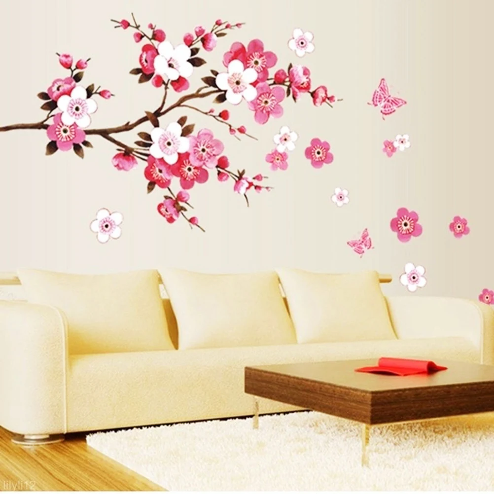 1Pc Pink Removable Peach Plum Cherry Blossom Flower Butterfly Vinyl Art Decal Wall Home Sticker Room Decor