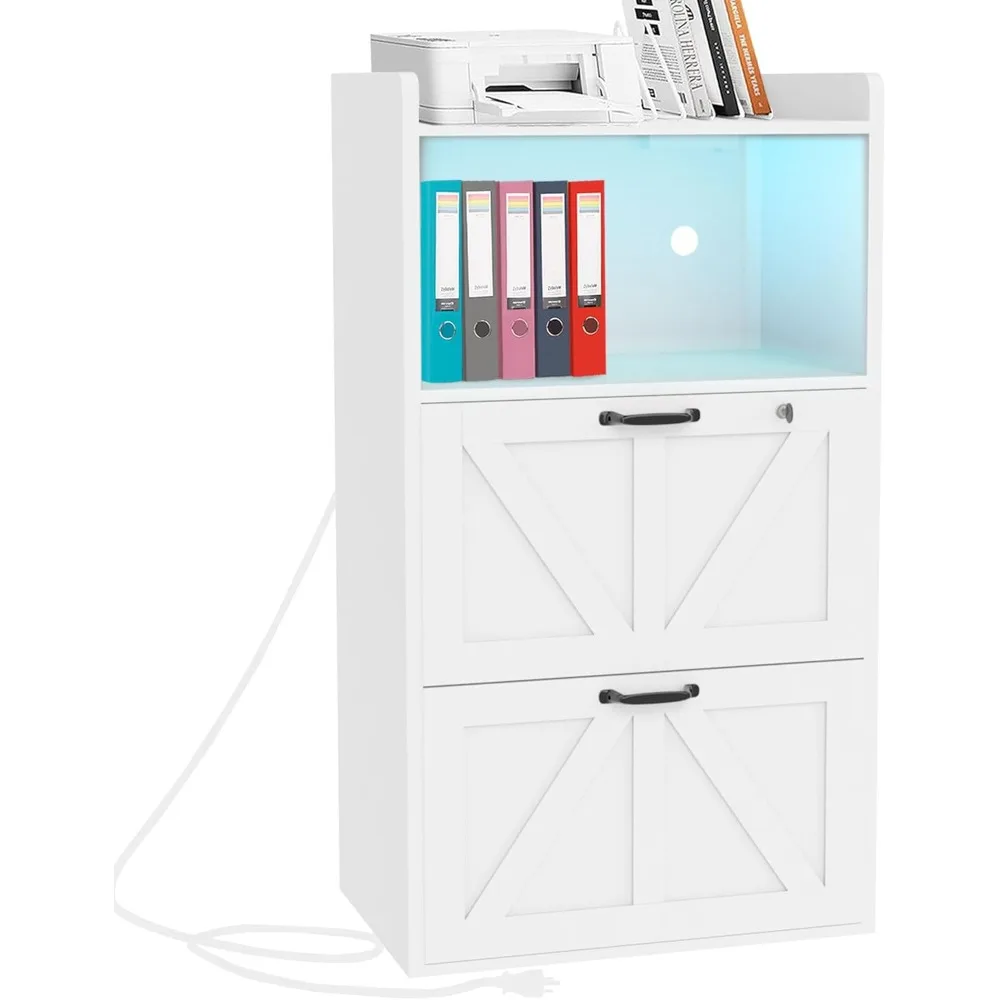 

2 Drawer Lateral File Cabinet with Charging Station, Wood Filing Cabinet with Lock & LED Light, Large Storage Printer Stand for