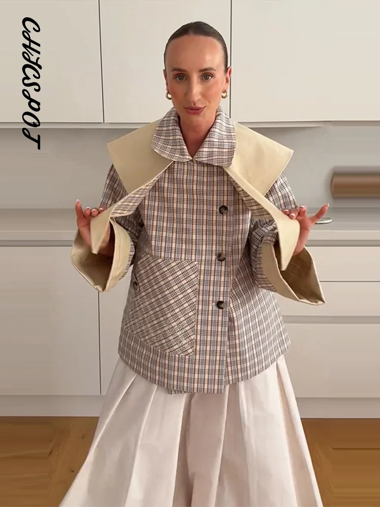 Plaid Patchwork With Shawl Reversible Coats Women Street Lapel Long Sleeve Button Panelled Loose Jackets Chic Lady New Outerwear