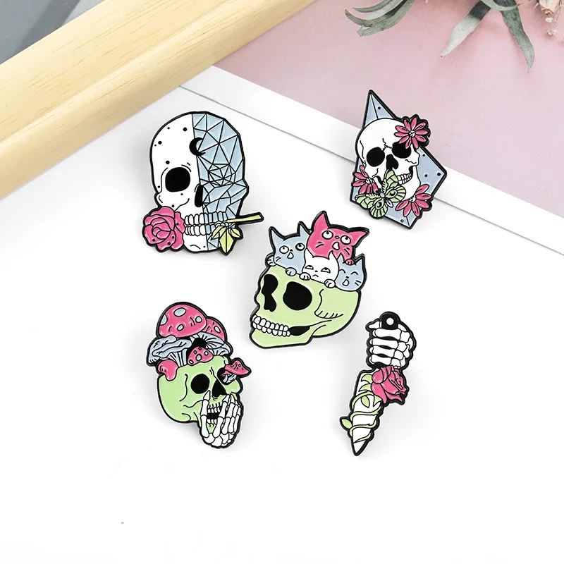 Living Skeleton Enamel Pins Custom Rose Cats Skull Dagger Brooch Lapel Badge Bag Punk Gothic Jewelry Gift for Friends