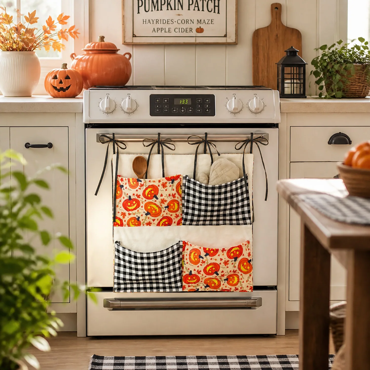 Maple Leaf Pumpkin Tie Top Cabinet Oven Door Curtain with Pocket,  for Kitchen, Microwave, Halloween Party Decor, Candy Storage