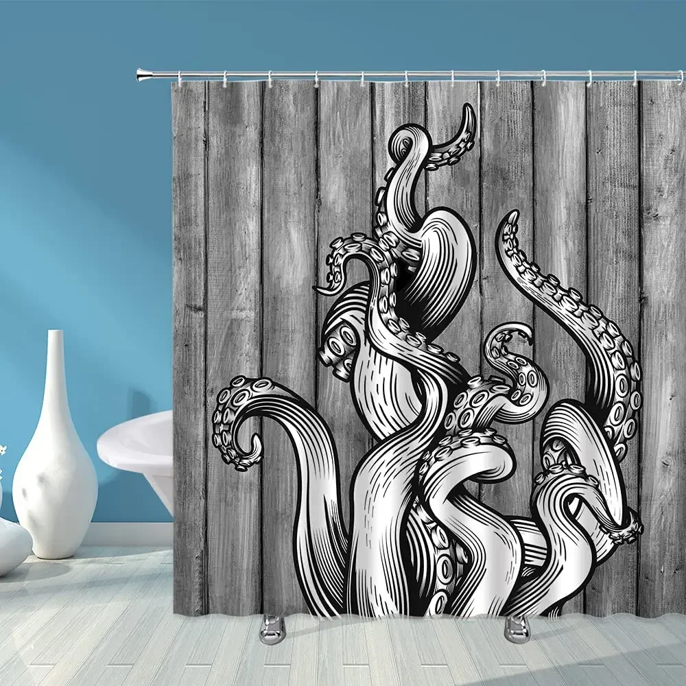 Octopus Tentacle Shower Curtain,Nautical Giant Ocean Kraken Tentacles Attack In Old Style Sail Ship Fabric Bathroom Curtain Hook