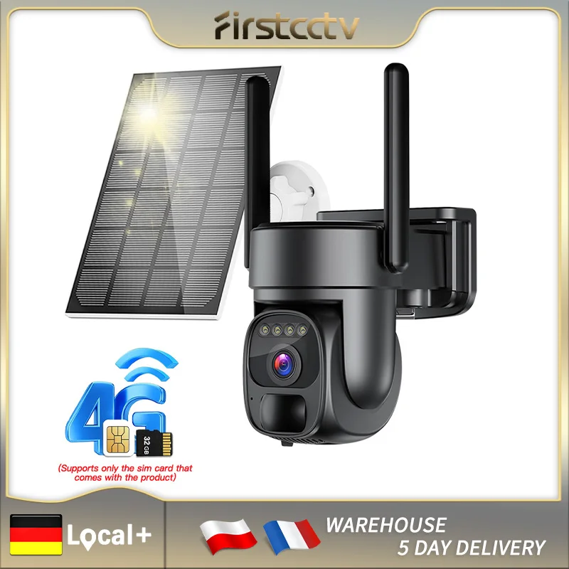 FIRSTCCTV 4G/WiFi Sicherheitskamera 3MP 4KHD Solarbetrieben mit Akku für Außenüberwachung, PIR-Bewegungserkennung und Audio