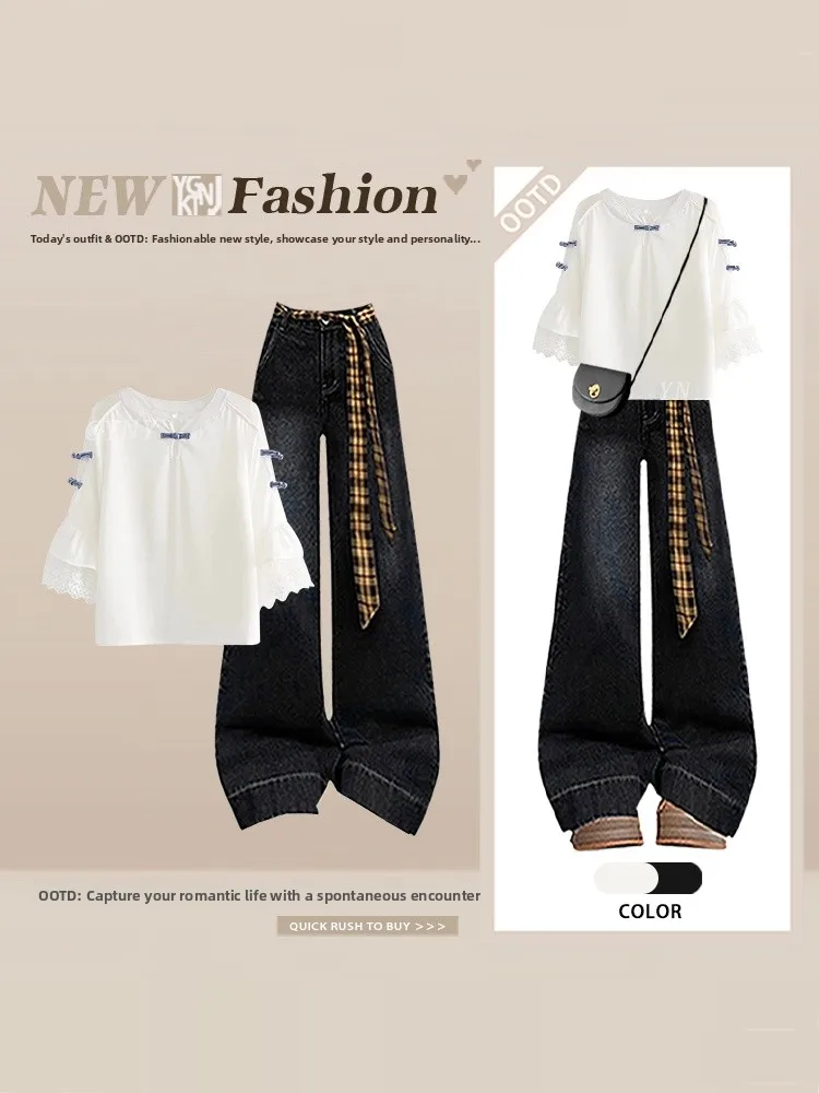 

Chinese Sle Loose White round Ne ort Sve Spring Summer T-irt Top Women Slim Wide Leg Jeans High Waist Two Piece Set