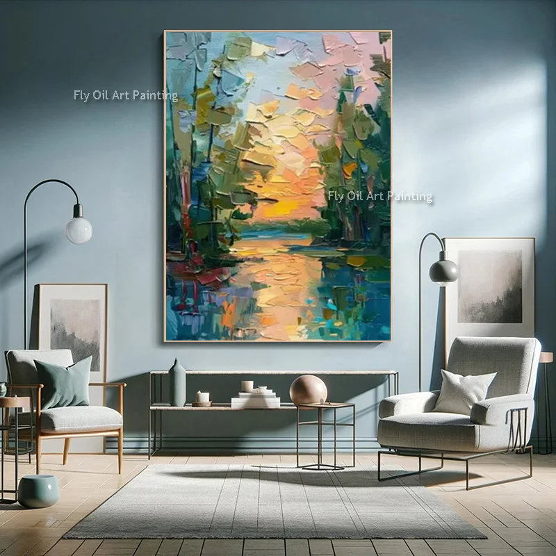 Landscape Canvas Art Handmade Heavy Textured Sunset Forest River Oil Painting Vibrant Color Wall Decor For Interior As Gifts