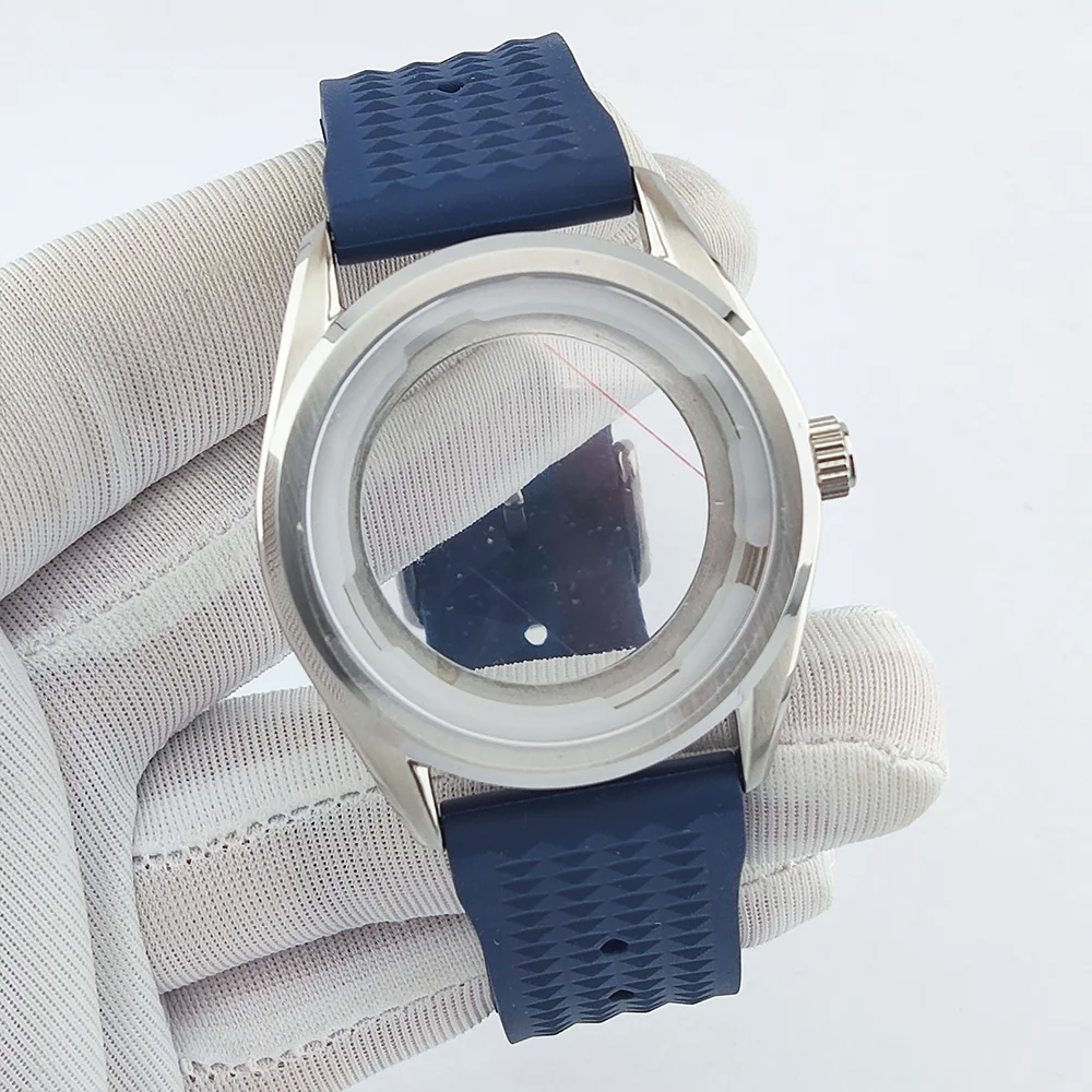 Custodia da 39 mm Custodia NH35 Custodia impermeabile in vetro zaffiro piatto Custodia con cinturino in caucciù Custodia da uomo di lusso adatta per custodia da 31 mm Custodia per orologio NH35