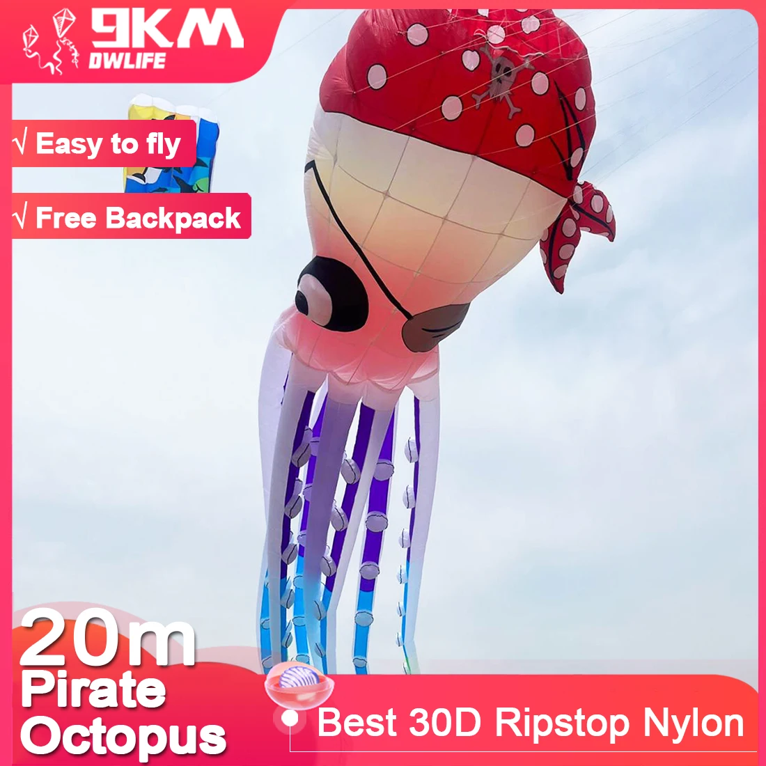 9KM 20m Piraat Octopus Kite Line Wasserij Hanger Zachte Opblaasbare Show Kite voor Kite Festival Ripstop Nylon met tas