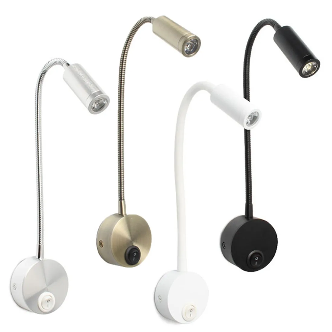 Wall Lmap Sconces Clamp Light 3W Bedroom Lamp On/Off Switch White Silver Black Flexible Gooseneck Home Bedside Reading Lights