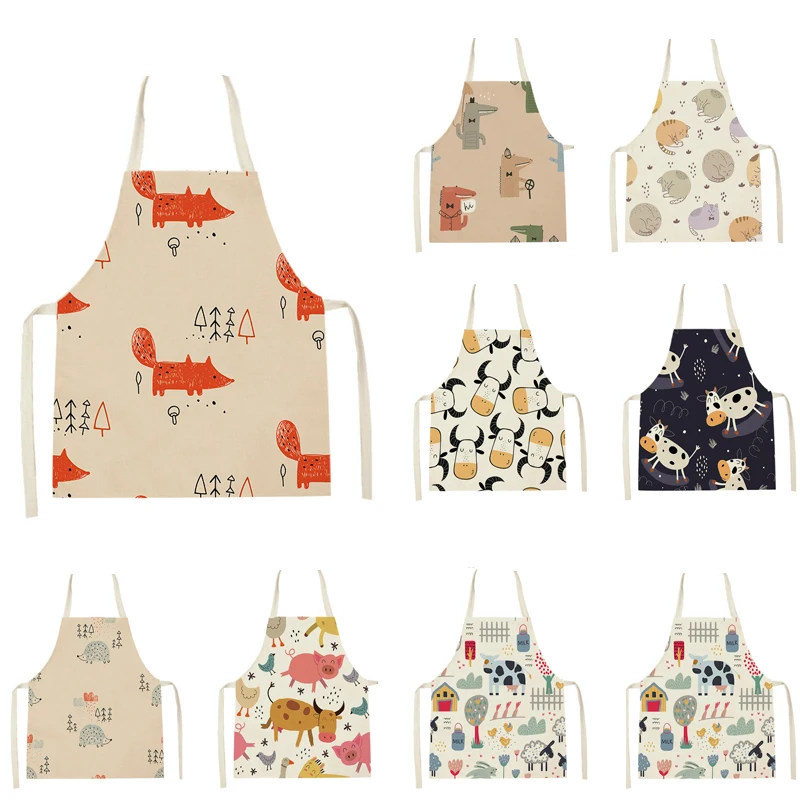 Cartoon Animals Crocodile Cows Cat Printed Kitchen Aprons for Women Kids Sleeveless Linen Bibs Cooking Baking Cleaning Tools