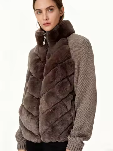 Fur Panel Knit Sleeve Gilet Jacket Quilted Zip-front Stand Collar 2026 Winter Warm Casual Women Sweater Fashion Cozy Lady Coat