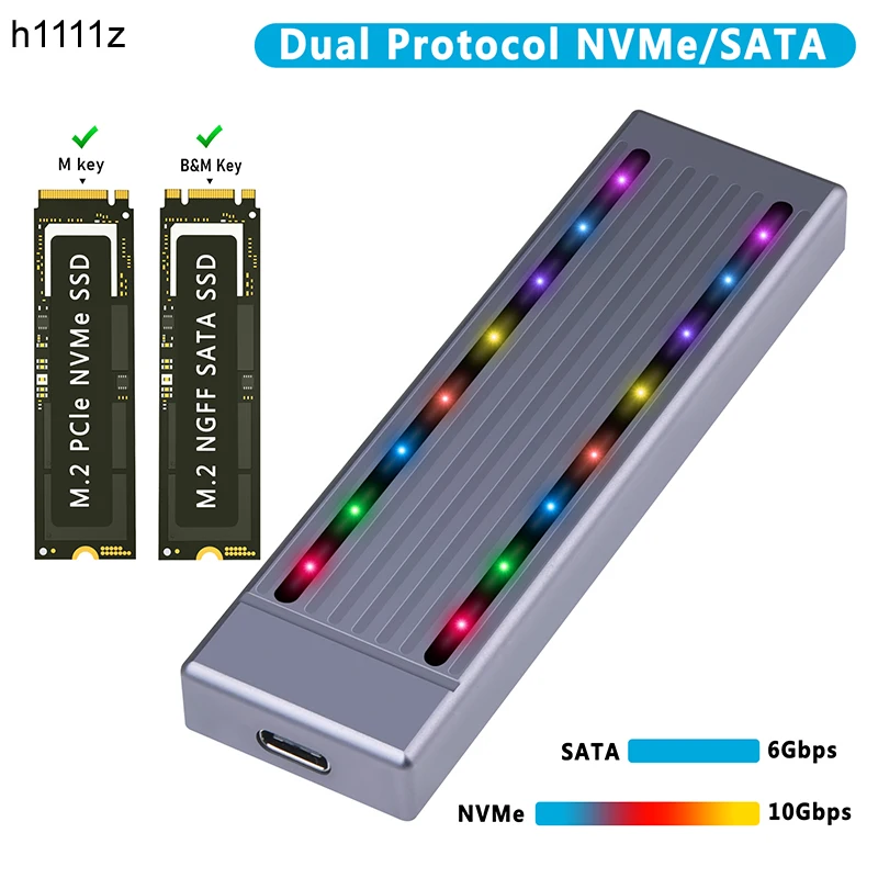 

Портативный внешний корпус для ПК, двойной протокол SSD, NVME M.2 SATA, корпус SSD RGB, USB C 3,2 Gen2 NVMe NGFF 10G PCIe M2 SSD