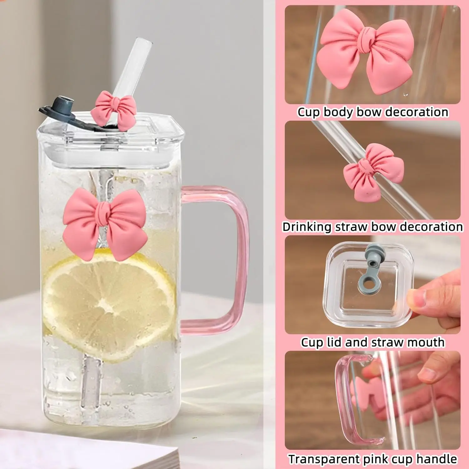 أكواب زجاجية مربعة 13 أونصة مع أغطية وقش، كوب زجاجي مقاوم للحرارة مع مقبض وعقدة على شكل فيونكة كؤوس شفافة للشرب لـ W