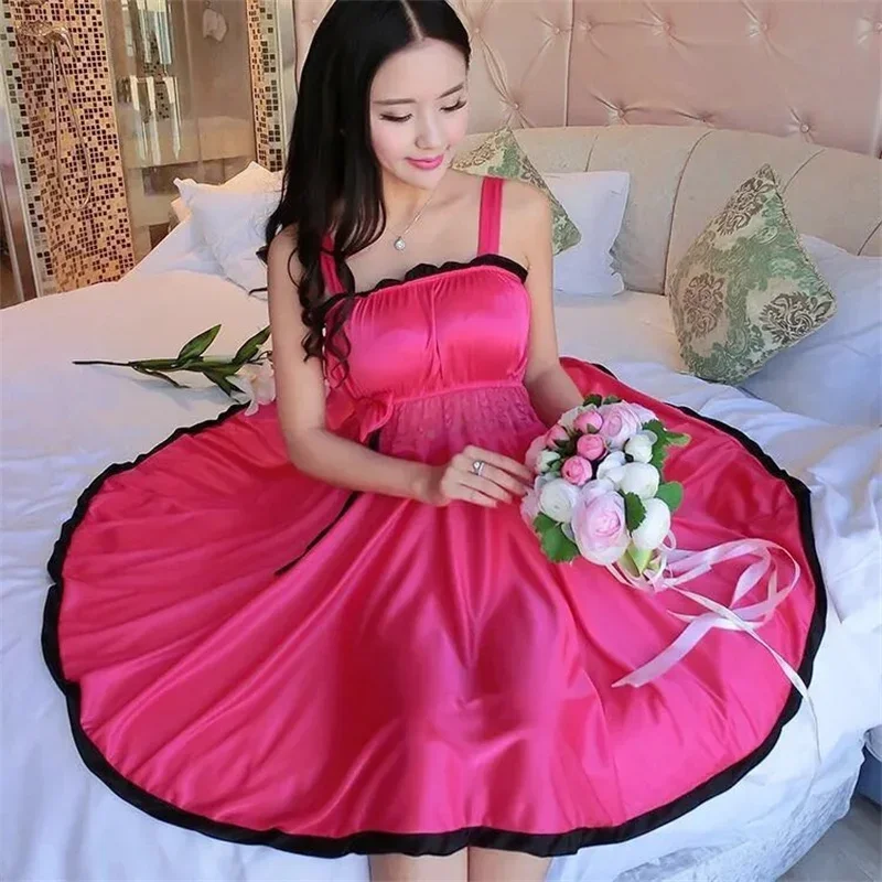 

2025 Summer Sleeveless Strap Sexy Women's Sleepwear Female Faux Silk Satin Lace Nightgowns Nightwear for Ladies