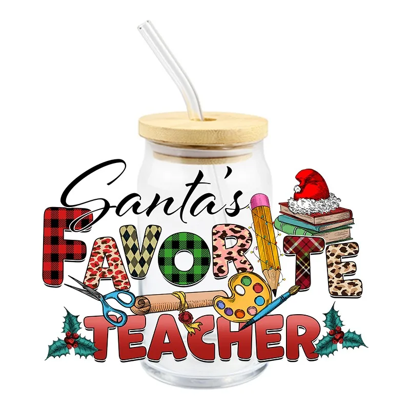 Chrismas Teacher Day UV DTF Wrap Transfer Stickers Cartoon Funny Colorful Decal DTF Wrap For Mugs Coffee Cups Bottles Decal