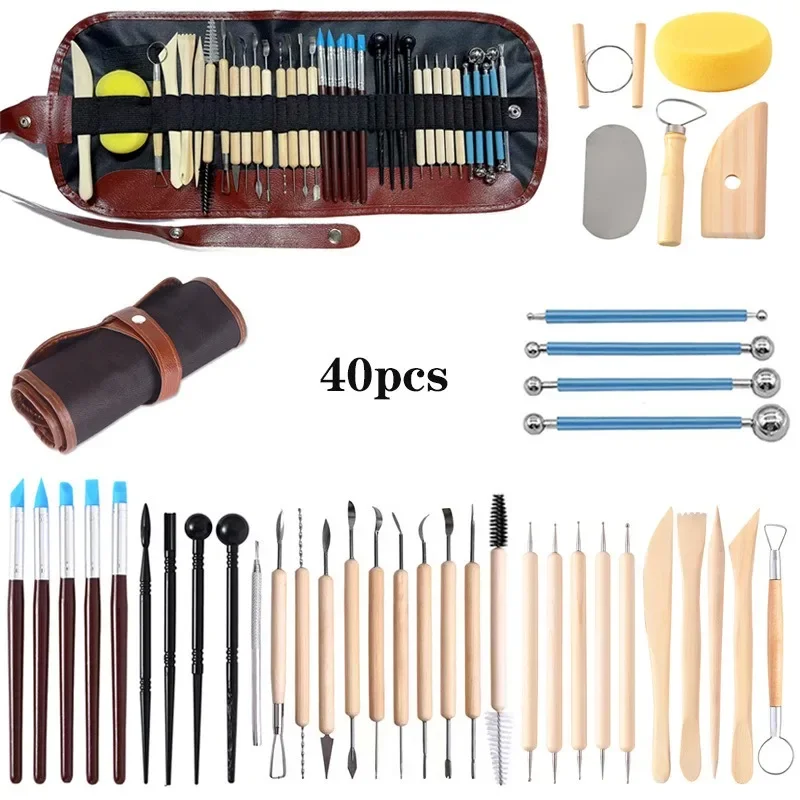 40 Pcs Pottery Clay Sculpting Tools Pottery Carving Tool Kit With Carrying Case Bag For ceramics Supplies Polymer Sculpture Set