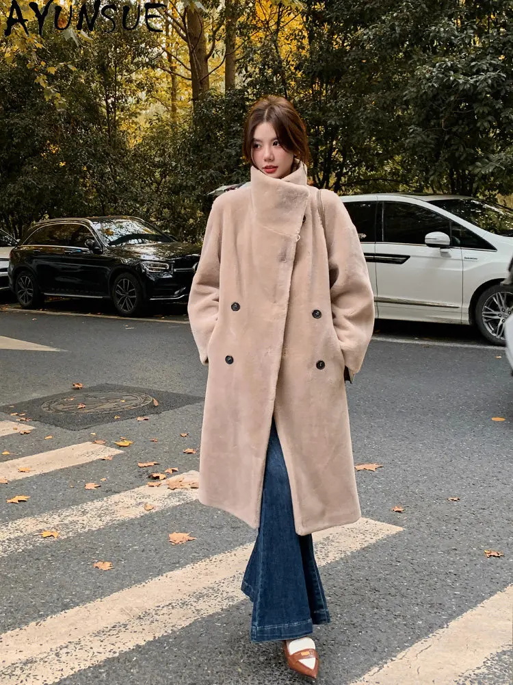 AYUNSUE High Quality 100% Wool Jacket for Women 23 Winter Elegant Sheep Shearing Jackets Fur Coat Women Long Wool Coats Fashion