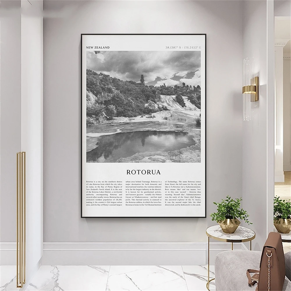 

Rotorua Art Travel Print Modern New Zealand Landscape Poster Black and White City Canvas Painting Office Home Reading Room Decor