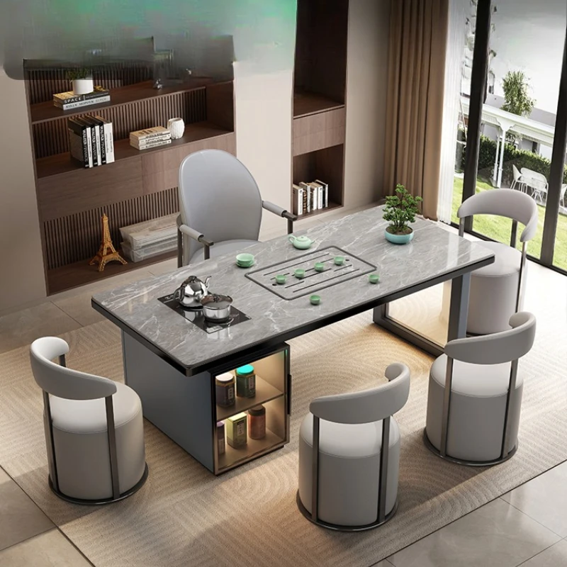 

Modern light luxury rock slab tea table, living room home balcony tea table, office tea table and chairs